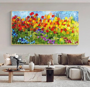 Flowers Painting - Colorful Flower boho by Palette Knife wall decor